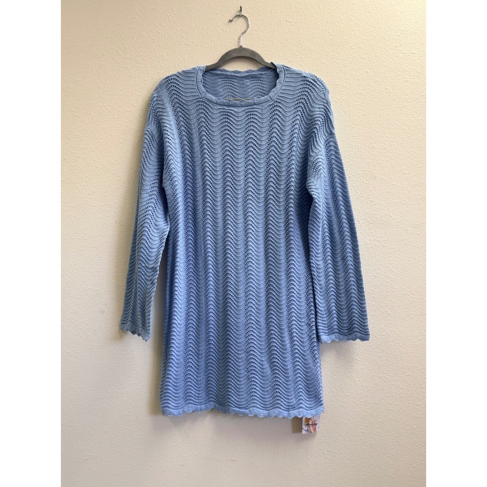PrettyGarden Blue Pointelle Crochet Knit Cover Up Dress Scalloped Hem Medium